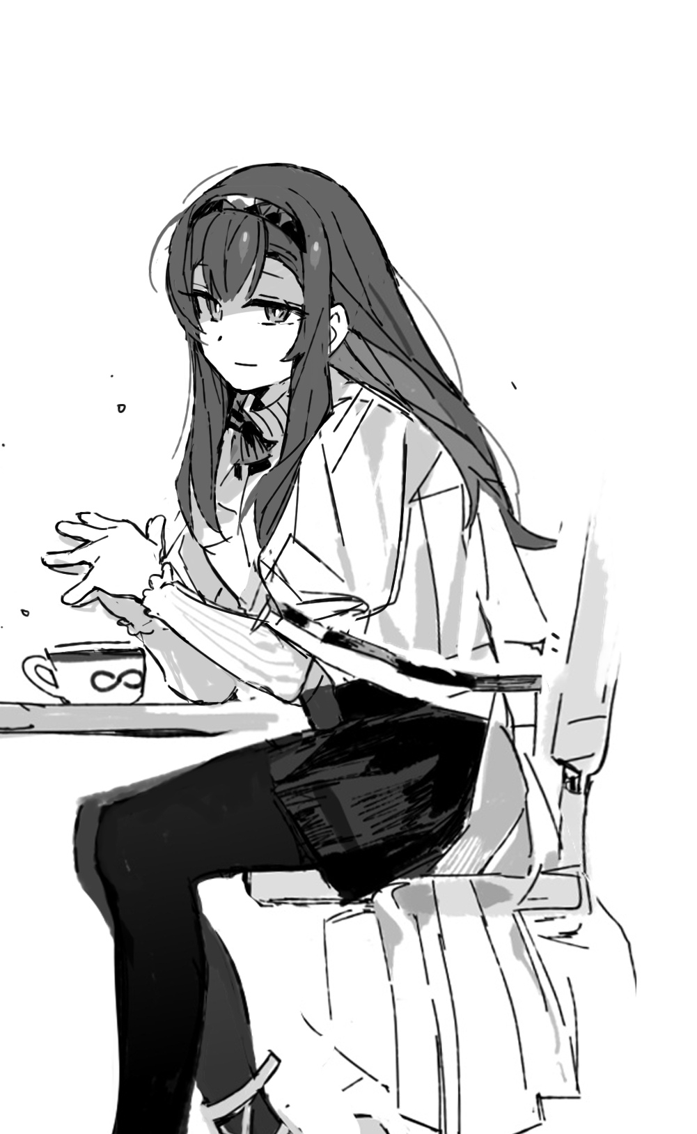 1girl arknights chinese_commentary closed_mouth commentary_request drink feet_out_of_frame greyscale hairband highres infinity_symbol light_smile long_sleeves looking_at_viewer monochrome own_hands_together pantyhose priestess_(arknights) shaded_face sitting solo xianlitimitochondria