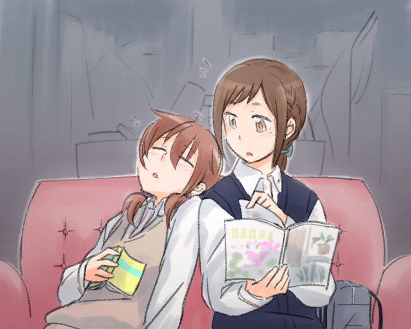 2girls aihara_miki bag blush book brown_hair couch closed_eyes hair_ornament holding holding_book long_hair maki_seina mukiki multiple_girls okujou_no_yurirei-san open_book open_mouth ribbon school_bag school_uniform short_hair shoulder_bag sitting sleeping sweater twintails yuri