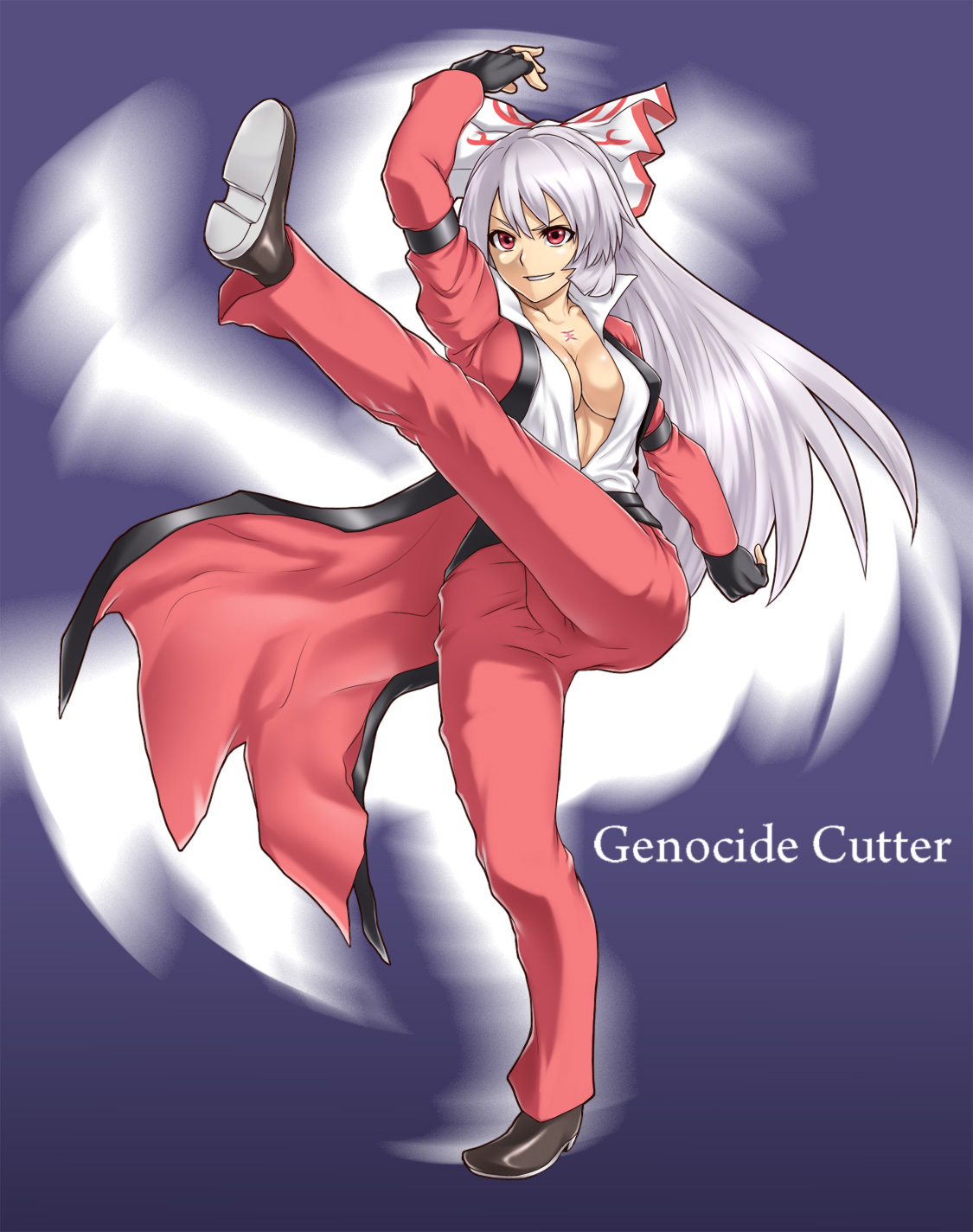 1girl breasts cosplay female_focus fujiwara_no_mokou genocide_cutter high_kick highres hou_takashi_ji houtengeki kicking long_hair parody ribbon rugal_bernstein rugal_bernstein_(cosplay) silver_hair snk solo the_king_of_fighters touhou