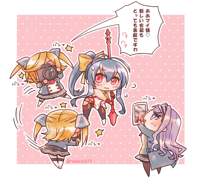 3girls :d antenna_hair backless_outfit bare_shoulders belt belt_buckle blazblue blazblue_remix_heart blazblue_variable_heart blonde_hair blue_hair blush bow buckle butterfly_hair_ornament camera camera_flash chibi female_focus fingerless_gloves genderswap genderswap_(mtf) gloves hair_between_eyes hair_bow hair_ornament hairband kajun_faycott long_hair looking_at_viewer mai_natsume multiple_girls no_bra no_panties nunun open_mouth pants polearm polka_dot polka_dot_background ponytail purple_eyes purple_hair red_eyes ribbon school_uniform shiori_kirihito skirt sleeveless smile spear tablet translation_request two_side_up very_long_hair wavy_mouth weapon