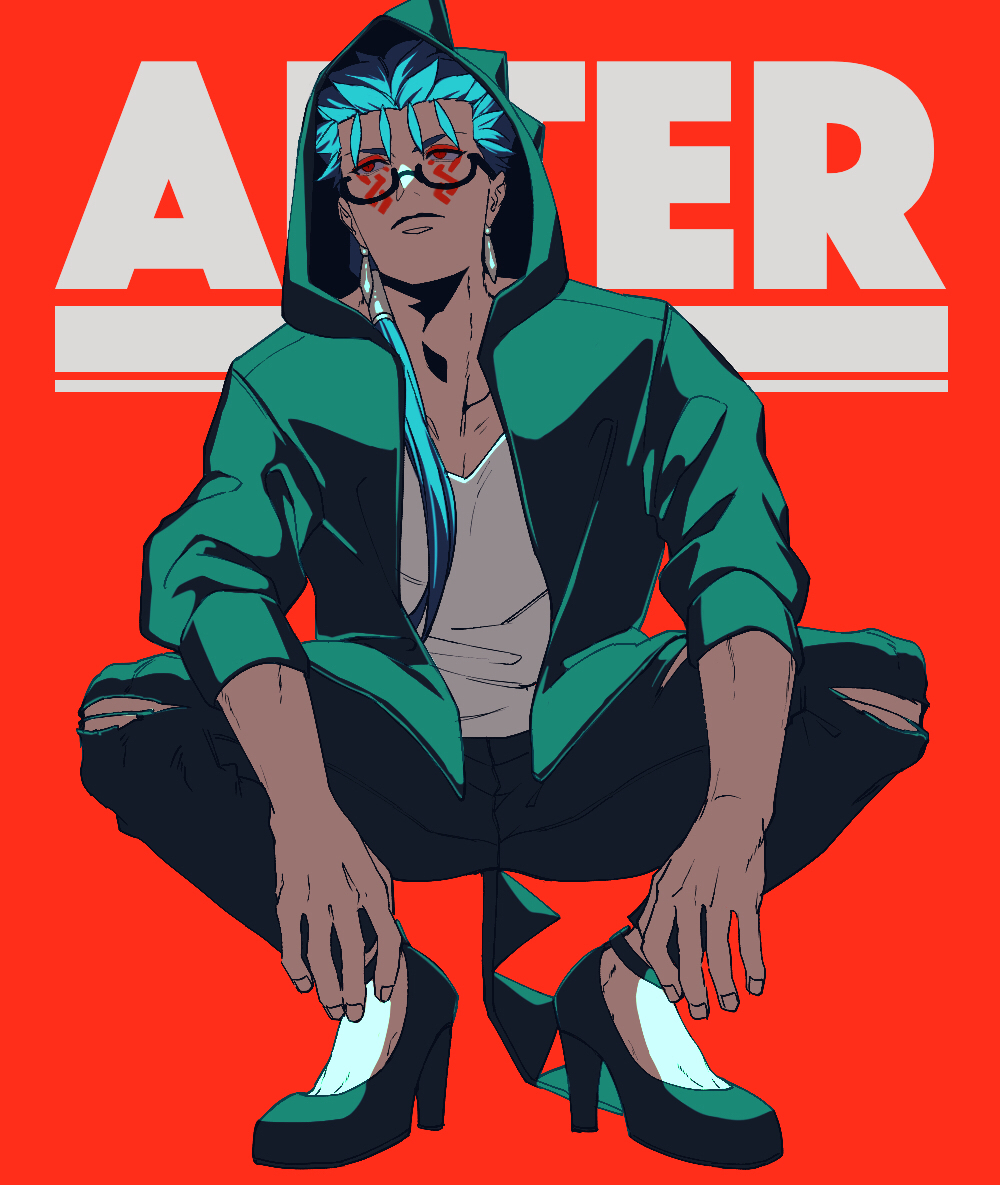 1boy bespectacled blue_hair commentary_request cu_chulainn_(fate) cu_chulainn_alter_(fate) eyeliner facial_tattoo fate/grand_order fate_(series) frown full_body glasses green_hoodie green_pants hair_over_shoulder high_heels hood hood_up hoodie makeup male_focus pants ponytail red_background red_eyeliner red_eyes semi-rimless_eyewear shirt solo squatting tattoo torn_clothes torn_pants under-rim_eyewear white_shirt yanoooh