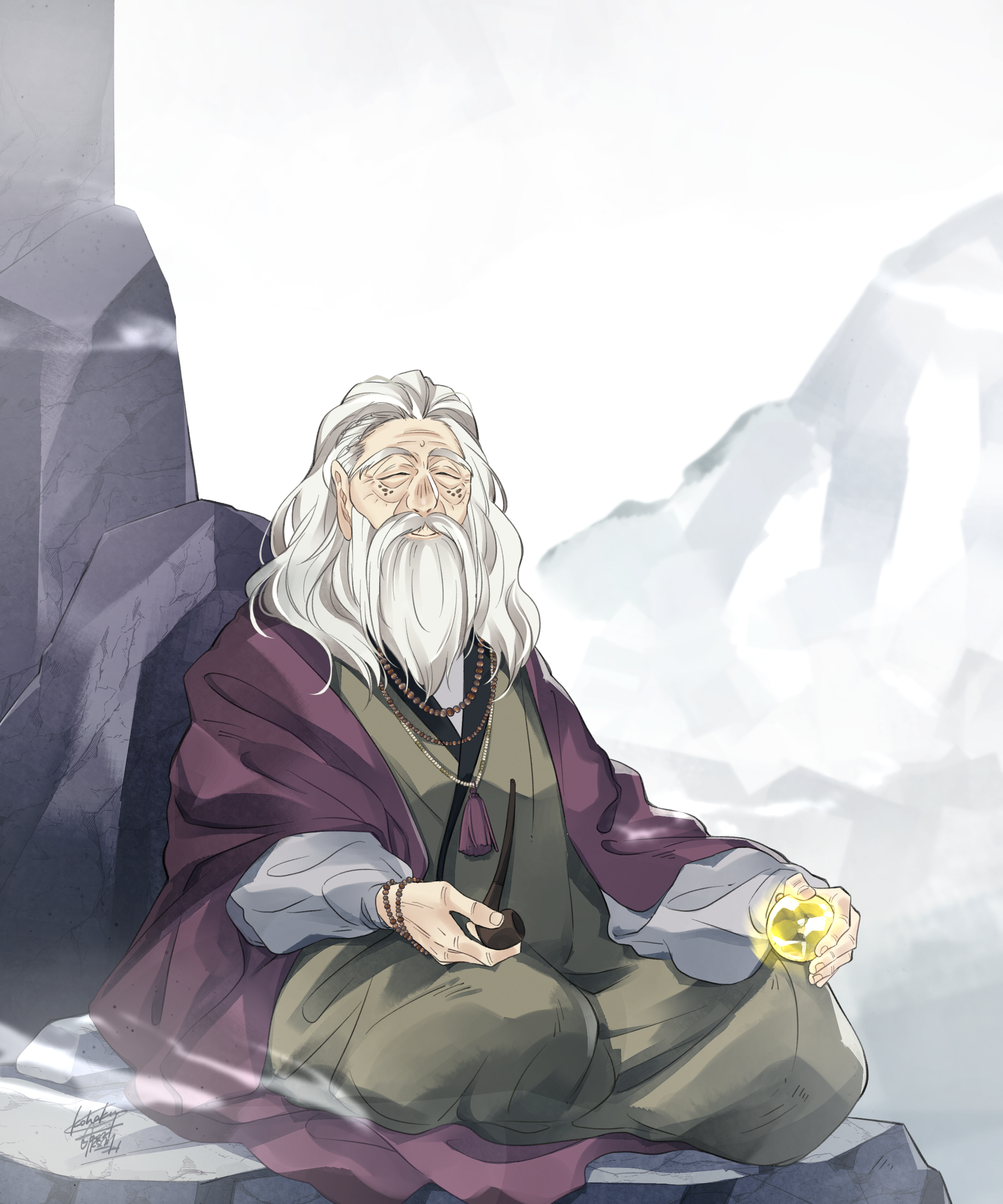 1boy absurdres bead_bracelet bead_necklace beads beard bracelet closed_eyes commission facial_hair highres japanese_clothes jewelry kimono kohakuksm long_hair male_focus mustache necklace old old_man orb original robe rock signature sitting skeb_commission white_hair