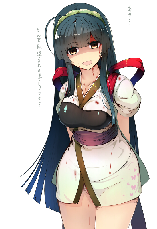 1girl ahoge arms_behind_back black_hair blood breasts brown_eyes commentary_request empty_eyes female_focus hair_ornament hairband japanese_clothes long_hair looking_at_viewer medium_breasts obi sash simple_background solo sts touhoku_zunko translation_request very_long_hair vocaloid voiceroid