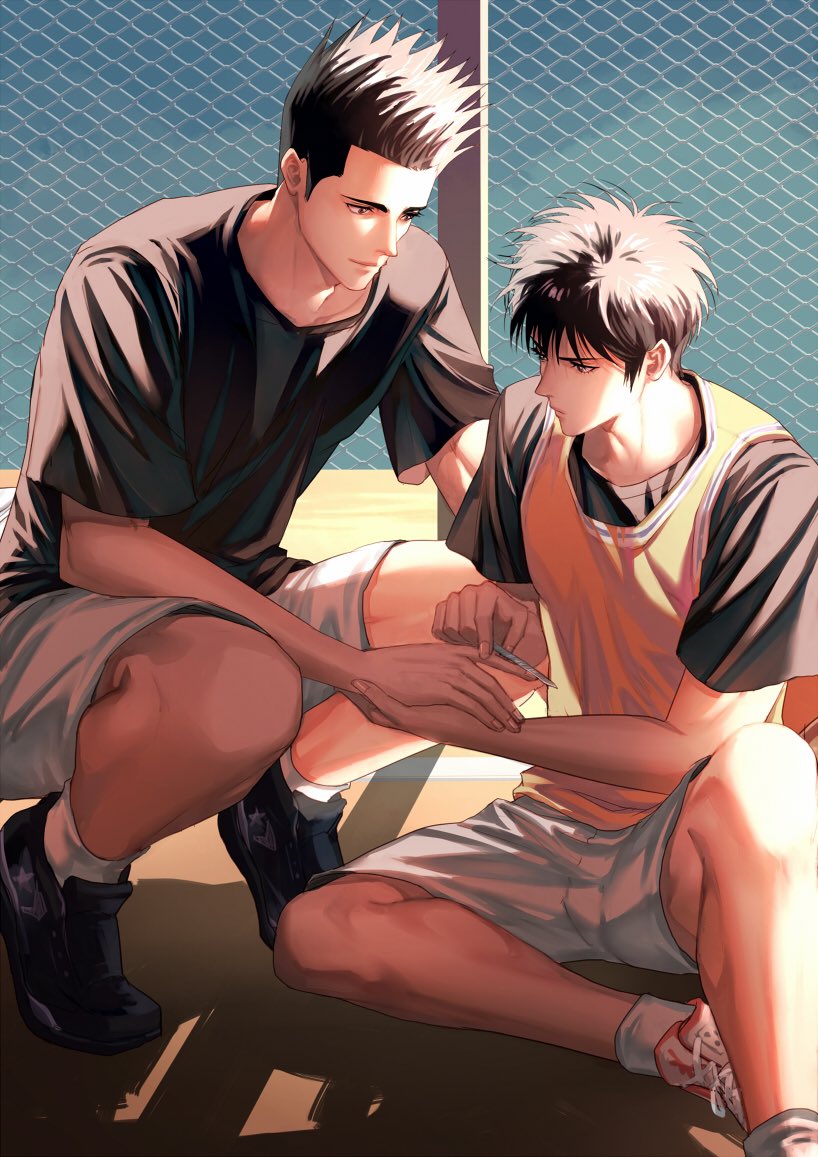 2boys air_jordan baseball_jersey black_footwear black_hair black_shirt brown_eyes chain-link_fence closed_mouth commentary commentary_request commission converse day eilinna english_commentary eyelashes fence fingernails hair_between_eyes holding holding_hands jersey knee_up looking_at_another male_focus messy_hair mixed-language_commentary multiple_boys outdoors rukawa_kaede sendou_akira shadow shirt shoes short_hair short_sleeves shorts sitting slam_dunk_(series) smile sneakers socks spiked_hair sportswear squatting t-shirt v-shaped_eyebrows white_footwear white_shorts white_socks