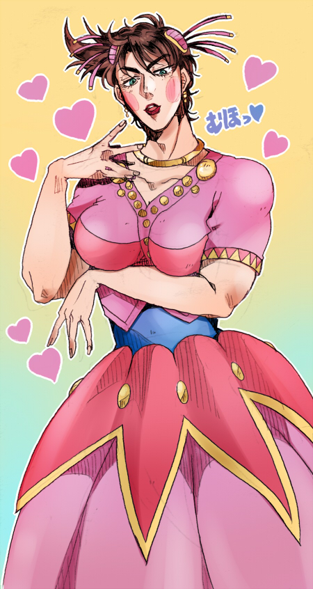 1boy brown_hair crossdressing dress green_eyes hair_ornament heart jojo_no_kimyou_na_bouken joseph_joestar joseph_joestar_(tequila) joseph_joestar_(young) m516 makeup male_focus scarf solo trap