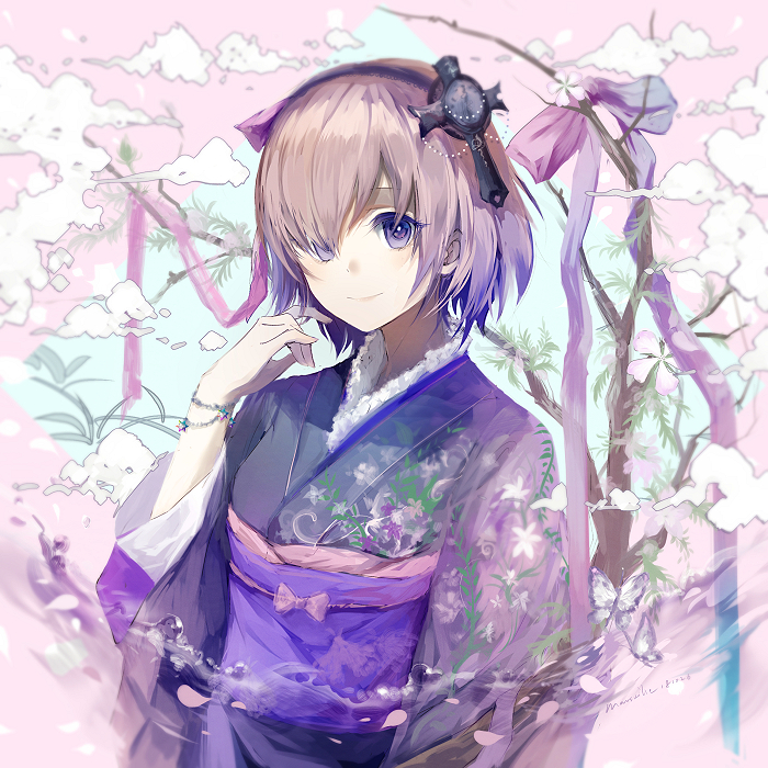1girl adapted_object alternate_costume blush bracelet closed_mouth cloud colored_eyelashes commentary_request fate/grand_order fate_(series) female_focus floral_print hair_ornament hair_over_one_eye hairband japanese_clothes jewelry kimono kleinlight light_blush long_sleeves looking_at_viewer mash_kyrielight obi pink_hair plant print_kimono purple_eyes purple_hairband purple_kimono saint_quartz_(fate) sash shield short_hair smile solo upper_body wide_sleeves