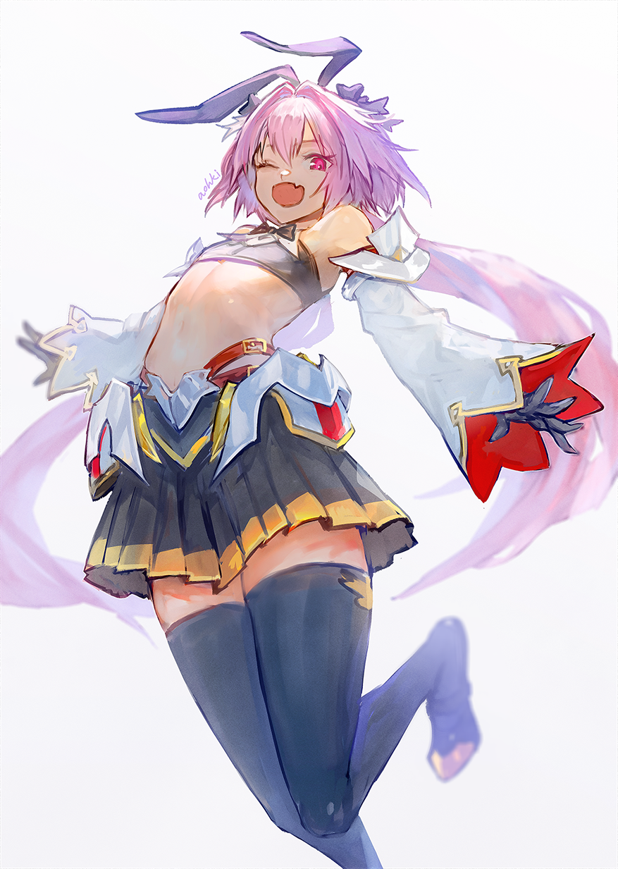 1boy astolfo_(fate) astolfo_(saber)_(fate) astolfo_(saber)_(first_ascension)_(fate) black_bow blush bow detached_sleeves fang fate/apocrypha fate/grand_order fate_(series) hair_intakes highres long_hair male_focus multicolored_hair open_mouth pink_hair pleated_skirt purple_eyes simple_background skin_fang skirt smile solo streaked_hair trap waterstaring white_background