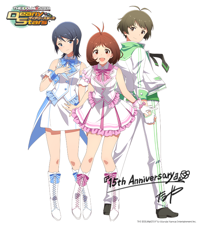1boy 2girls akizuki_ryo anniversary blush brown_hair commentary_request copyright_name dress frilled_dress frills full_body grey_hair hair_ornament hand_on_own_chest hidaka_ai idol_clothes idolmaster idolmaster_dearly_stars looking_back mizutani_eri multiple_girls necktie official_art open_mouth signature tamiya_kiyotaka white_background
