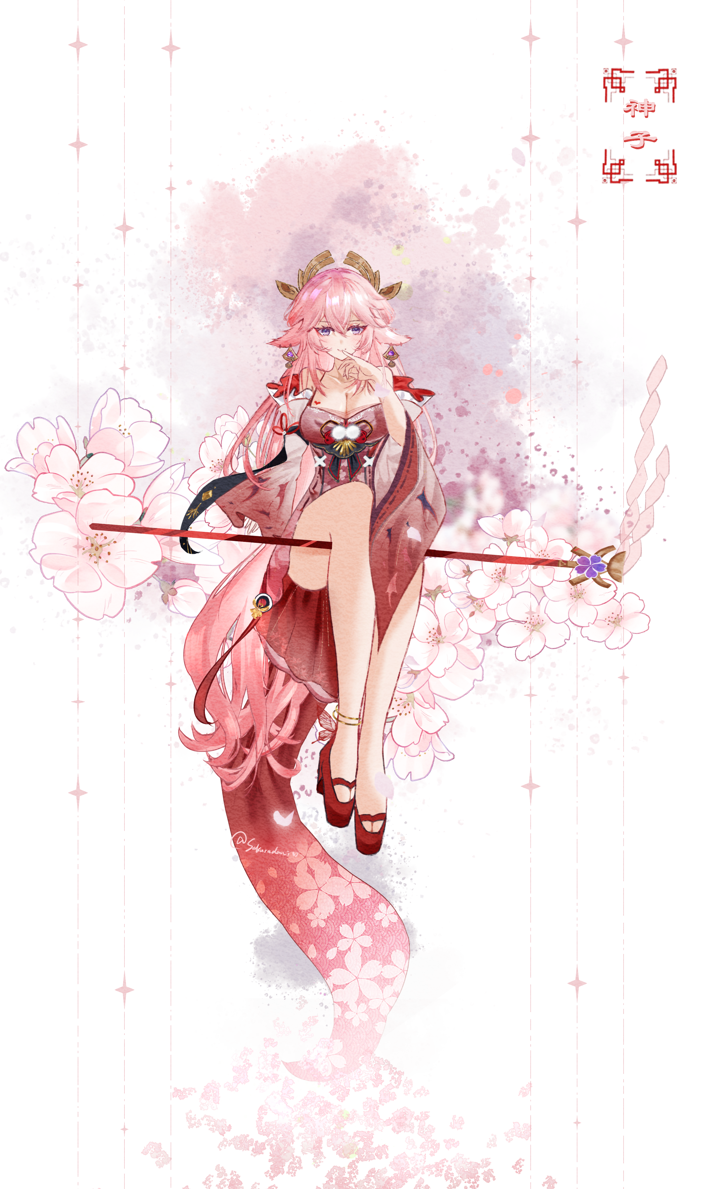 1girl absurdres animal_ears bare_legs bare_shoulders blush breasts character_name cherry_blossoms chinese_commentary cleavage collarbone commentary detached_sleeves dress earrings floral_background flower fox_ears full_body genshin_impact gohei gold_anklet hair_between_eyes highres jewelry large_breasts long_hair pink_eyes pink_flower pink_hair red_dress red_footwear sakuradani signature sitting sleeveless sleeveless_dress solo staff_riding very_long_hair white_background wide_sleeves yae_miko