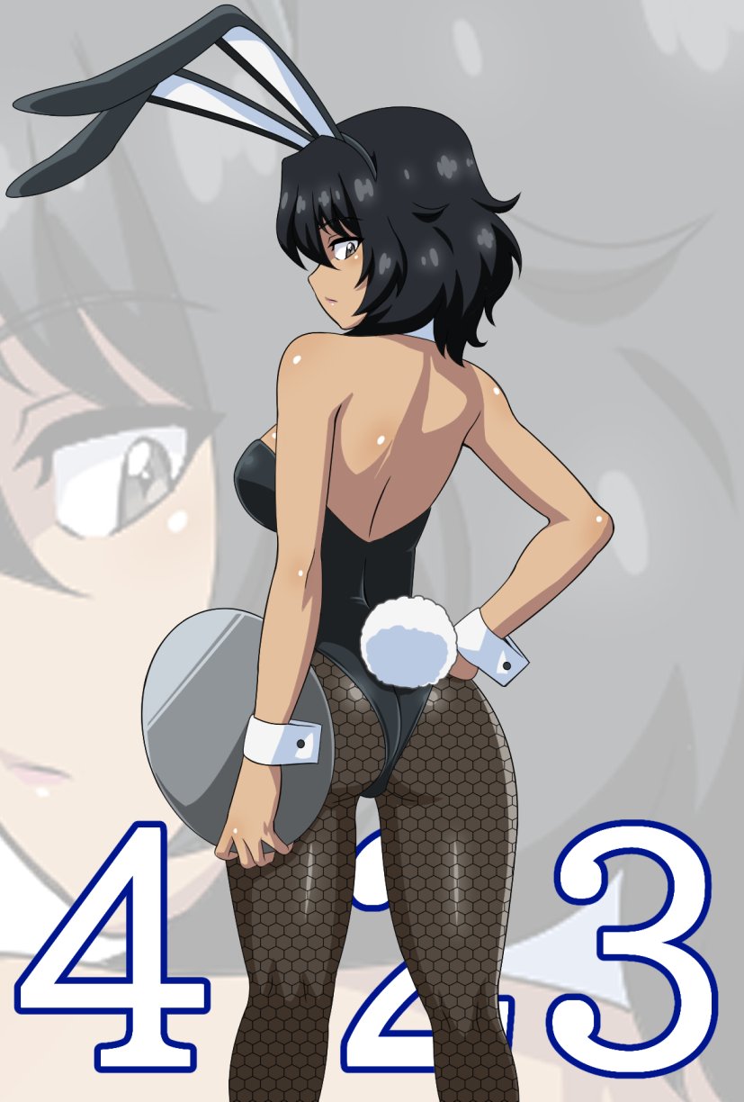 1girl andou_(girls_und_panzer) animal_ear_hairband animal_ears ass backless_leotard black_hair black_leotard breasts brown_eyes dark-skinned_female dark_skin dated detached_collar fake_animal_ears feet_out_of_frame fishnet_pantyhose fishnets from_behind girls_und_panzer hairband highres large_breasts leotard looking_at_viewer looking_back messy_hair nao_(nao_puku777) pantyhose playboy_bunny rabbit_ears rabbit_tail short_hair solo strapless strapless_leotard tail tray wrist_cuffs zoom_layer