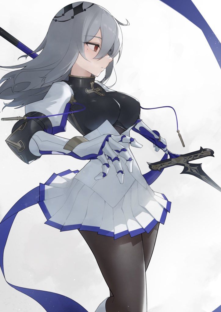 1girl armor azur_lane black_pantyhose breastplate breasts closed_mouth commentary corset cross gauntlets gold_trim grey_hair hair_between_eyes hair_ornament holding holding_behind_back holding_polearm holding_polearm_behind_back holding_weapon holding_weapon_behind_back jacket large_breasts left-handed long_hair miniskirt mole mole_under_eye pantyhose pleated_skirt polearm red_eyes saint-louis_(azur_lane) shian-chu sidelocks simple_background skirt standing weapon white_background white_corset white_skirt