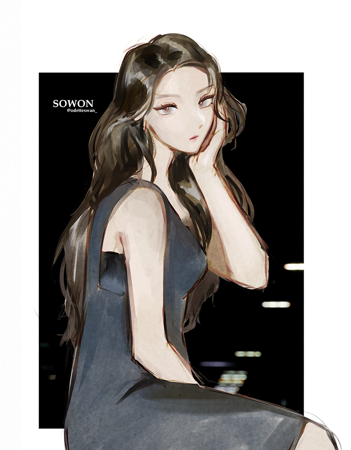 1girl adirosa artist_name_(singer) black_dress border brown_hair cheek_rest commentary dress gfriend k-pop looking_at_viewer profile real_life sitting sleeveless sleeveless_dress solo sowon_(gfriend) symbol-only_commentary twitter_username white_border