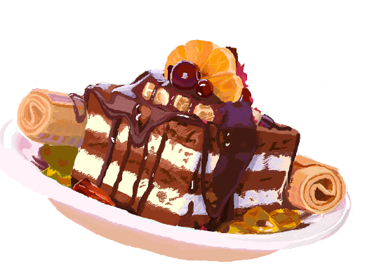 bowl cake chocolate_syrup crepe desert food food_focus mandarin_orange_slice no_humans oekaki original raukatau simple_background still_life tagme white_background