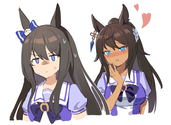 2girls animal_ears blue_eyes blush breasts brown_hair closed_mouth dark-skinned_female dark_skin deep_impact_(umamusume) hand_on_own_cheek hand_on_own_face heart horse_ears jitome looking_at_another looking_at_viewer medium_breasts multiple_girls nose_blush puffy_short_sleeves puffy_sleeves sailor_collar school_uniform short_sleeves sweat symboli_kris_s_(umamusume) tracen_school_uniform turn_pale umamusume upper_body wufaxianshi_cnd yuri
