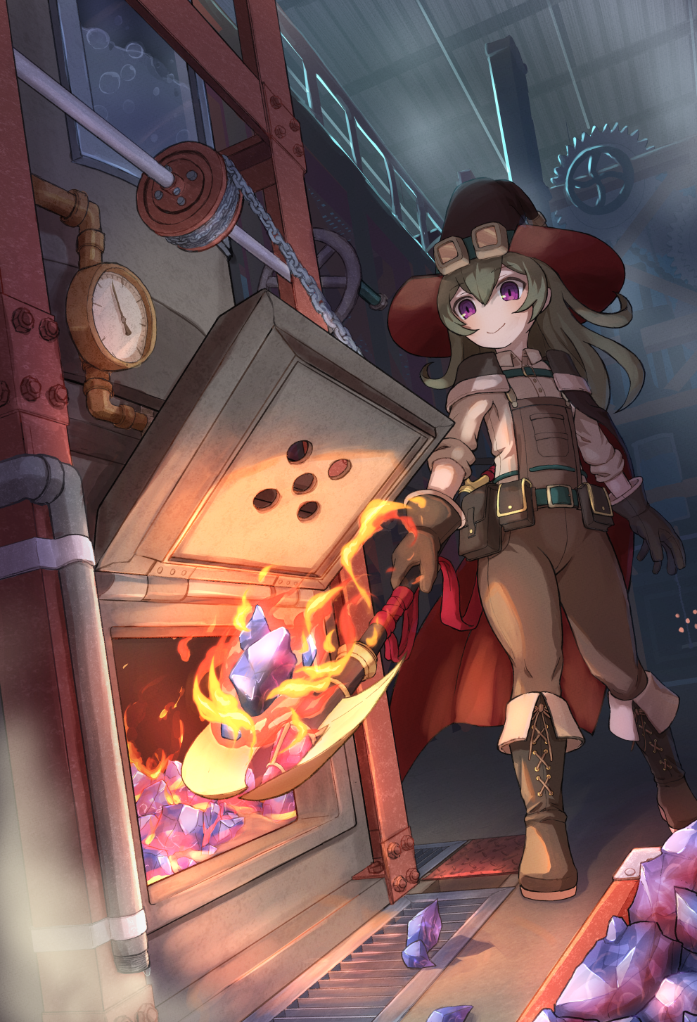 1girl belt_pouch chain closed_mouth crystal engineer gauge gloves goggles goggles_on_headwear grate green_hair hat highres holding holding_shovel indoors industrial_pipe long_hair original overalls pouch pulley purple_eyes shikutsune_fox shovel sleeves_rolled_up smile solo wizard wizard_hat