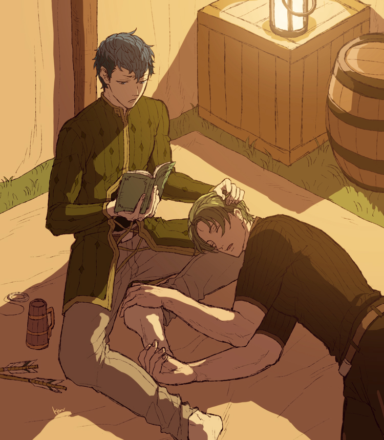 2boys akke arrow_(projectile) barefoot barrel belt blue_eyes blue_hair book drink closed_eyes fire_emblem fire_emblem_echoes:_shadows_of_valentia forsyth_(fire_emblem) green_hair lamp male_focus multiple_boys nintendo open_mouth python_(fire_emblem) sitting sleeping