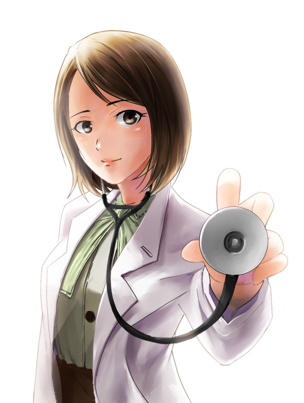 1girl bad_id bad_pixiv_id brown_eyes brown_hair female_focus ikuyoan lab_coat lips medical metal_gear_(series) metal_gear_solid metal_gear_solid_3:_snake_eater para-medic_(mgs3) short_hair smile solo stethoscope