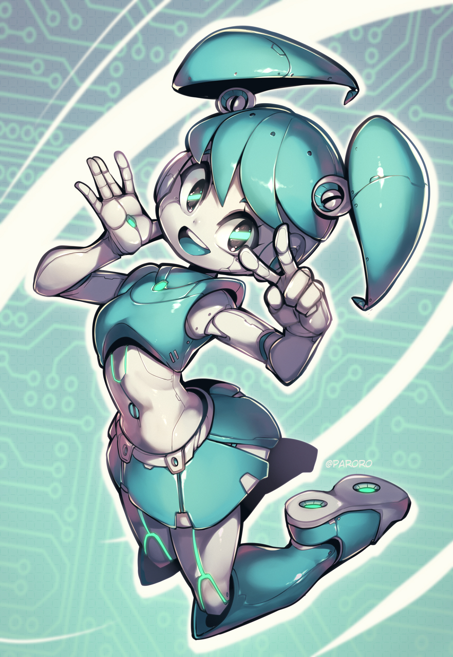 1girl android blue_hair blue_skirt blue_tank_top boots colored_skin highres humanoid_robot jenny_wakeman joints metal_skin my_life_as_a_teenage_robot nickelodeon parororo robot robot_girl robot_joints skirt tank_top twintails white_skin