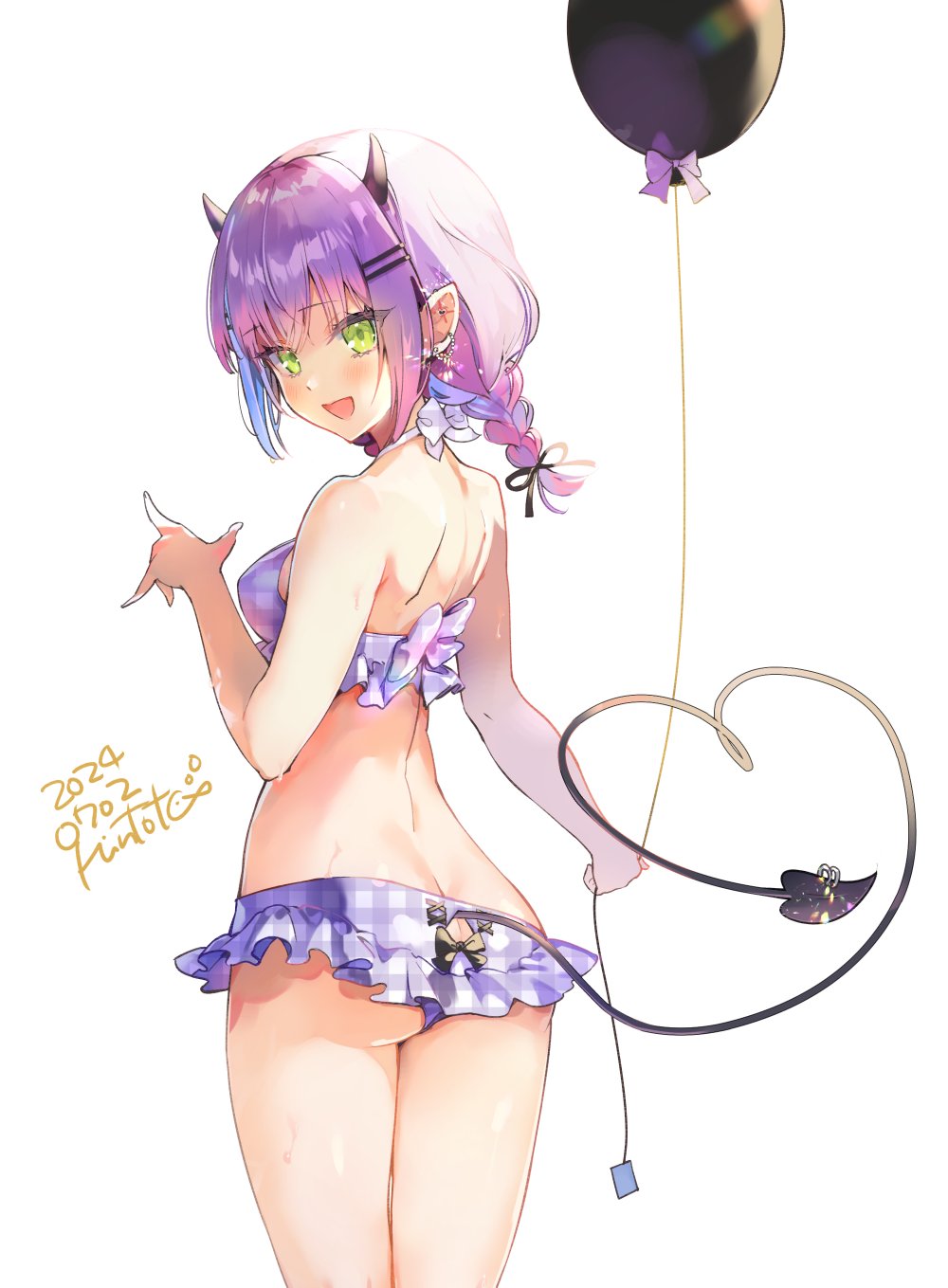 1girl :d alternate_costume ass back_bow balloon bikini bikini_skirt black_bow black_ribbon blush bow bow_bikini bow_choker braid breasts butt_crack choker clothing_cutout commentary cowboy_shot dated demon_girl demon_horns demon_tail eyes_visible_through_hair frilled_bikini frills from_behind green_eyes hair_ornament hair_ribbon hairclip highres holding holding_balloon hololive horns kintotomaturi looking_at_viewer looking_back open_mouth piercing plaid_bikini plaid_bow plaid_clothes pointing purple_bikini purple_bow ribbon shoulder_blades signature simple_background small_breasts smile solo sweat swimsuit tail tail_ornament tail_piercing tail_through_clothes tokoyami_towa turning_head virtual_youtuber white_background white_bow white_choker