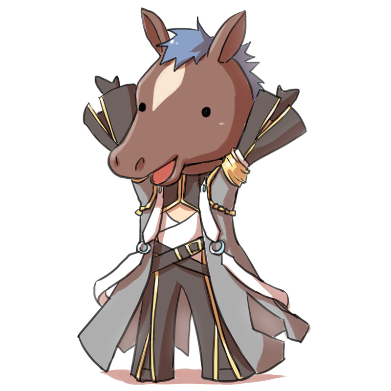 1boy arms_up black_bodysuit black_gloves black_pants black_shoes blue_hair bodysuit chibi coat commentary_request full_body gloves grey_coat horse_head long_sleeves male_focus natsuya_(kuttuki) open_mouth pants ragnarok_online shirt shoes short_hair simple_background solo warlock_(ragnarok_online) white_background white_shirt
