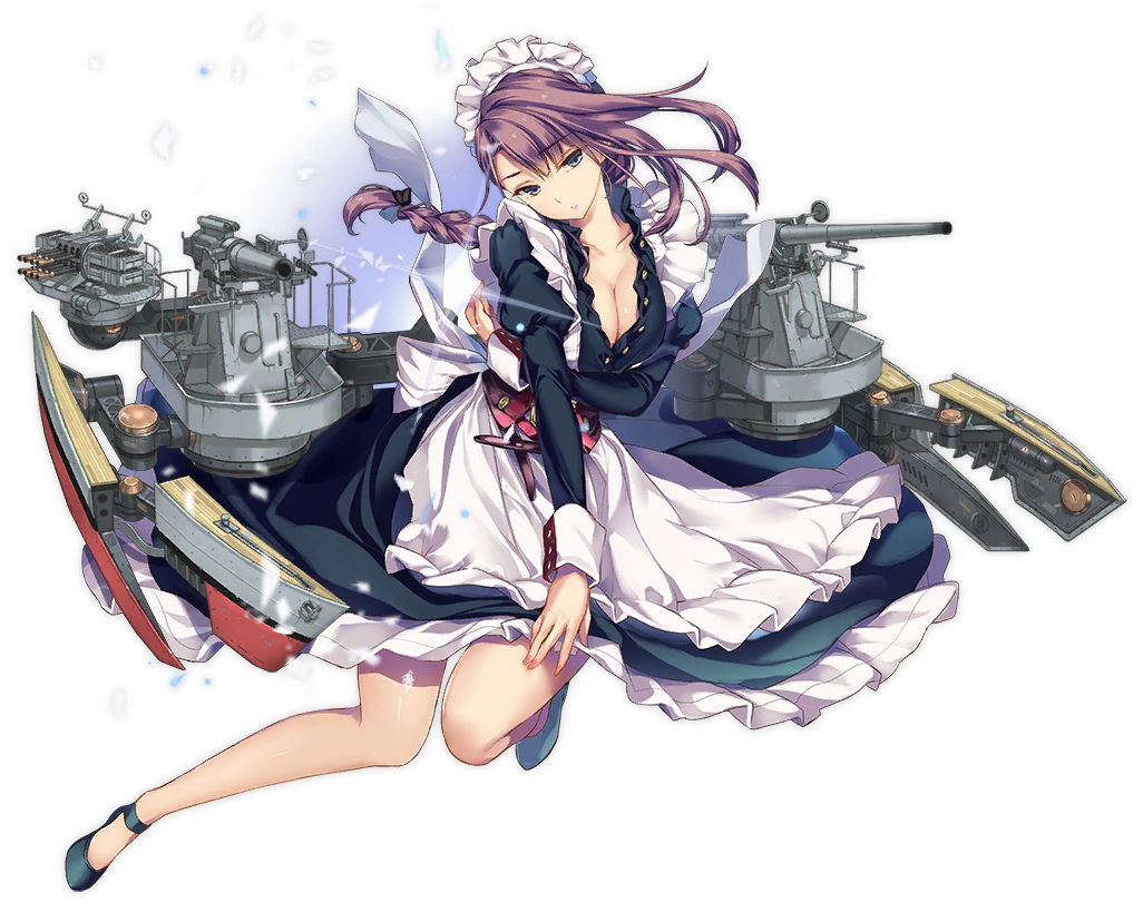 1girl apron arm_under_breasts azur_lane black_shoes blue_eyes blush bow braid breasts cannon cleavage closed_mouth collarbone curlew_(azur_lane) curlew_(retrofit)_(azur_lane) dress female_focus floating_hair frills full_body hair_bow head_tilt juliet_sleeves large_breasts long_hair long_sleeves maid maid_headdress mary_janes monety official_art open_mouth parted_lips puffy_sleeves purple_bow purple_hair remodel_(azur_lane) rigging rudder_footwear ship_turret shoes sidelocks single_braid sleeve_cuffs smile solo transparent_background wind wind_lift