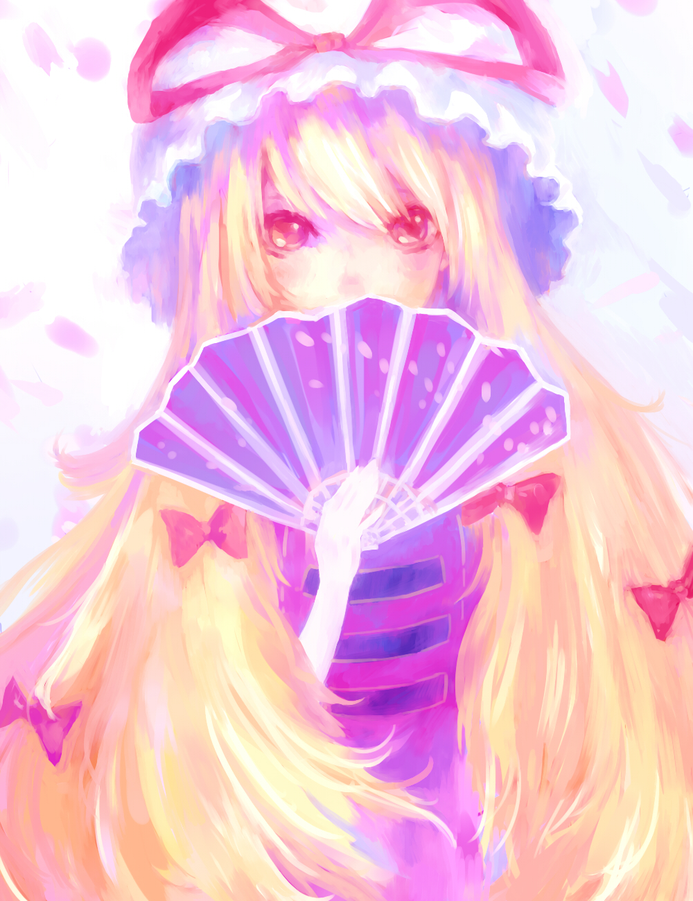 132_(bb32768) 1girl bad_id bad_pixiv_id big_hair blonde_hair bow covering_own_mouth elbow_gloves female_focus floral_print folding_fan gloves hair_bow hand_fan hat hat_ribbon highres long_hair looking_at_viewer mob_cap petals pink_eyes ribbon simple_background solo tabard touhou very_long_hair white_background white_gloves yakumo_yukari