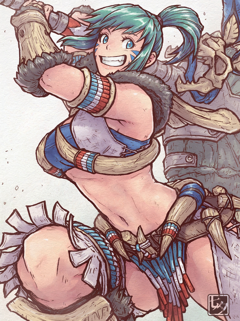 1girl aqua_hair armor blue_eyes blue_tube_top bone_armor bone_armor_(monster_hunter) breasts bright_pupils cleavage eyelashes facial_mark fang fur-trimmed_armor fur_trim grin holding holding_weapon leg_up medium_breasts monster_hunter_(character) monster_hunter_(series) navel ponytail short_hair sideways_glance smile solo strapless tanabanata teeth tube_top weapon white_pupils