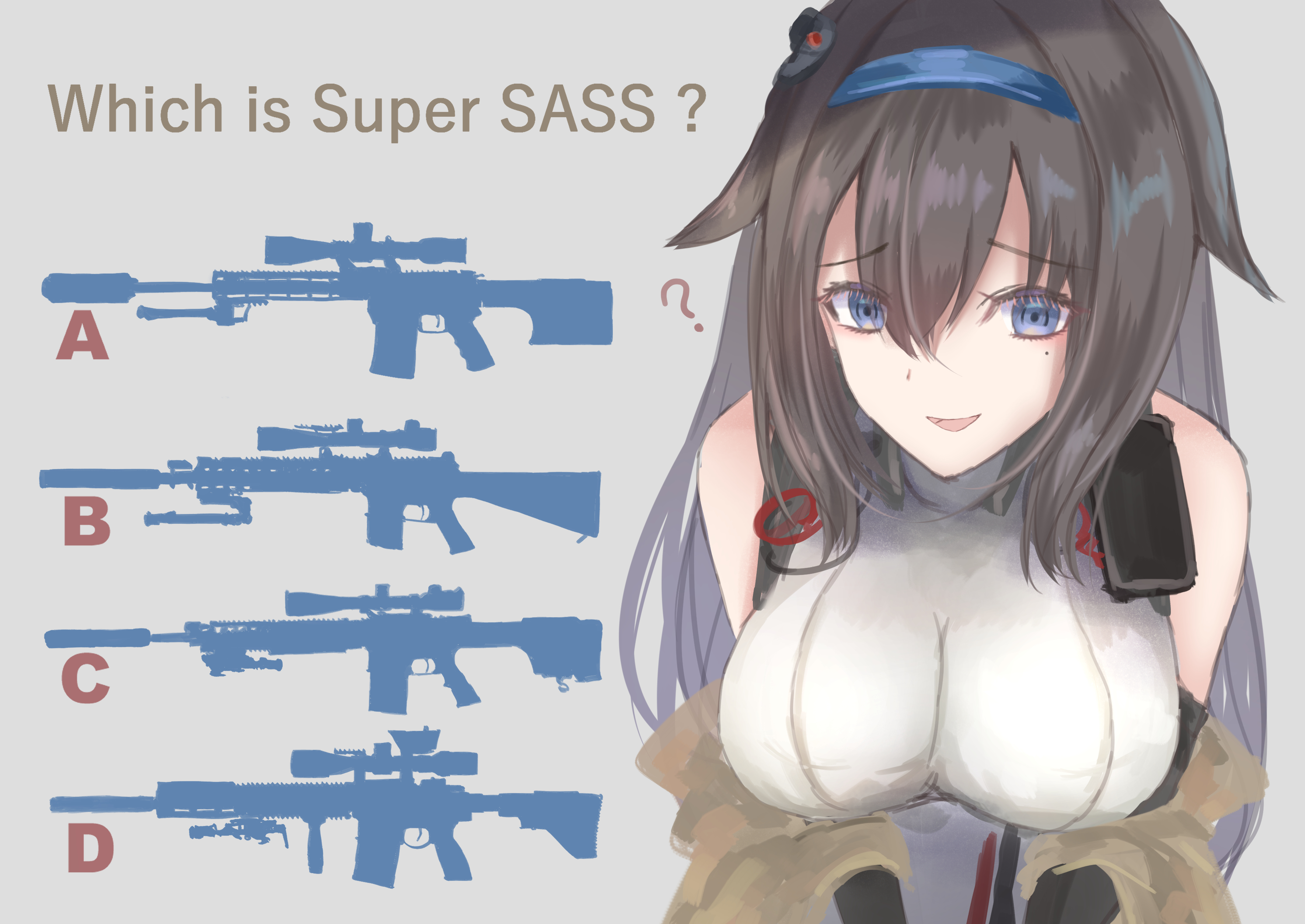 1girl ? absurdres bare_shoulders black_hair blue_eyes breasts english_text girls'_frontline gun h&k_g28 hairband highres large_breasts long_hair martinreaction mk_12_spr mole mole_under_eye rifle silhouette sleeveless solo super_sass super_sass_(girls'_frontline) super_sass_(mod3)_(girls'_frontline) weapon