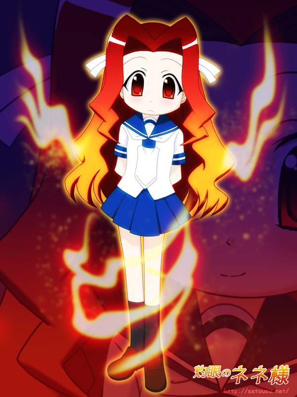 00s 1girl blonde_hair child female_focus gradient_hair hair_ornament hair_ribbon kasugano_nene kugimiya_rie long_hair miniskirt multicolored_hair orange_hair pleated_skirt potemayo red_eyes red_hair ribbon satousu school_uniform serafuku shakugan_no_shana shana shoes sidelocks skirt socks solo standing voice_actor_connection