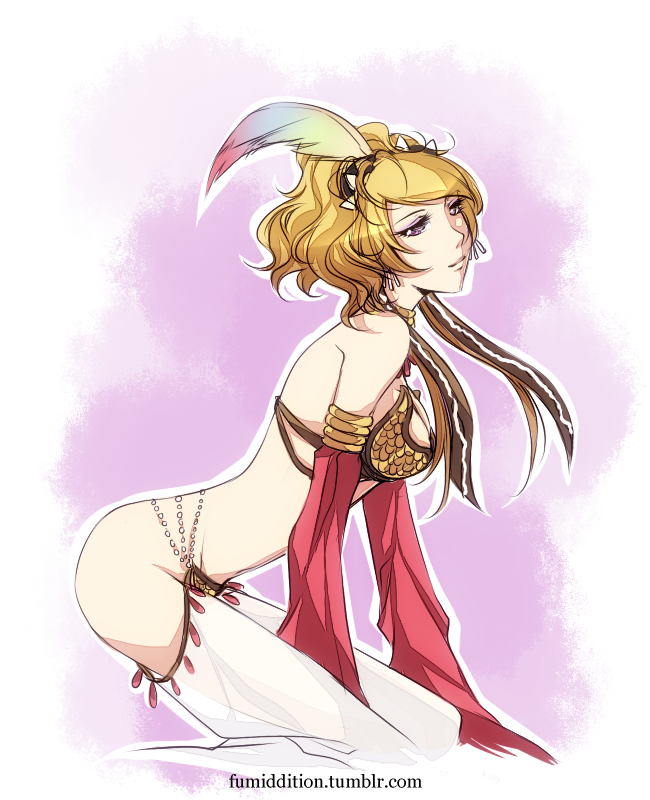 1girl armor bikini bikini_armor blonde_hair breasts brown_eyes closed_mouth commentary cowboy_shot detached_sleeves english_commentary feather_hair_ornament feathers fumiddition gypsy_(ragnarok_online) hair_ornament harem_pants looking_at_viewer medium_breasts medium_hair pants ragnarok_online red_sleeves scale_armor see-through_clothes see-through_pants smile solo strapless strapless_bikini swimsuit watermark web_address white_background white_pants yellow_bikini