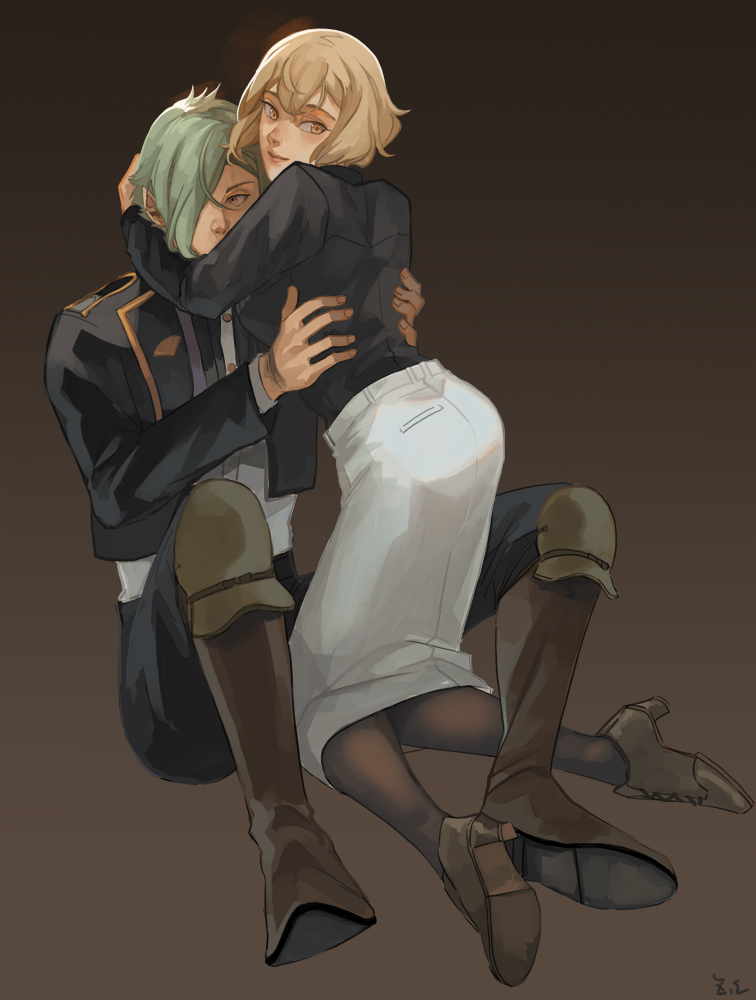 1boy 1girl black_jacket black_pantyhose black_shirt blonde_hair boots breasts brown_background brown_footwear closed_mouth commentary_request dated_commentary full_body genderswap genderswap_(mtf) green_hair hair_between_eyes hair_over_one_eye higekiri_(touken_ranbu) high_heels hizamaru_(touken_ranbu) hug jacket large_breasts looking_back military military_uniform pantyhose shirt short_hair skirt touken_ranbu white_shirt white_skirt yellow_eyes zi_tsas