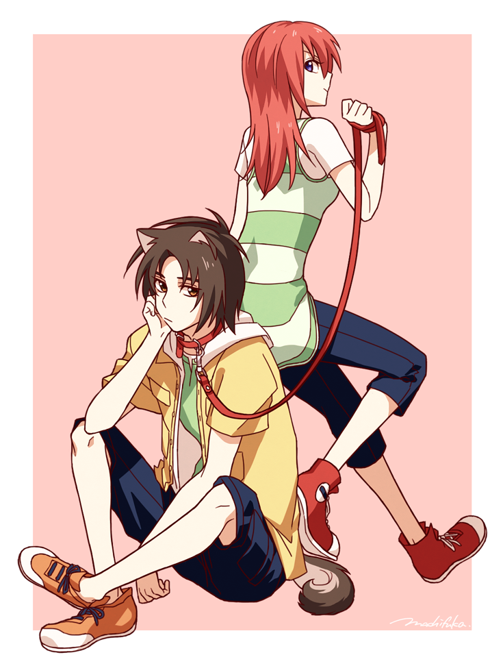 10s 1boy 1girl animal_ears black_hair blue_eyes brown_eyes canon_memphis capri_pants frown head_rest hood kemonomimi_mode leash long_hair looking_back machi_fuka makabe_kazuki pants red_hair shirt short_hair shorts sitting smile soukyuu_no_fafner striped_clothes striped_shirt unbuttoned