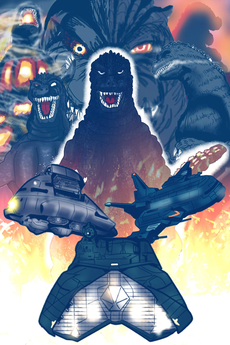 aircraft bioluminescence burning_godzilla cannon claws cloud diamond_(gemstone) directed-energy_weapon energy_cannon fangs fire fire-mirror floating flying giant giant_monster glowing glowing_eyes glowing_mouth godzilla godzilla_(series) godzilla_vs._biollante godzilla_vs._destoroyah godzilla_vs._mechagodzilla_ii highres kaiju kenpachiro_satsuma laser_cannon laser_weapon long_tail maser_cannon military military_vehicle missile missile_launcher monster multiple_persona munobusi3 no_humans open_mouth realistic roaring rocket_(projectile) scales science_fiction sharp_teeth smoke spikes spines super-x super-x2 super-x3 tail teeth the_return_of_godzilla toho tokusatsu weapon wings yellow_eyes
