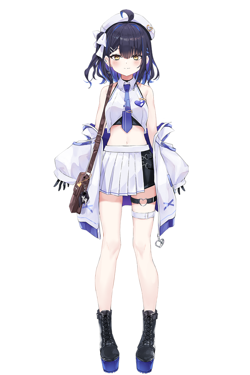 1girl ahoge bag beret black_gloves black_shoes blue_hair blue_necktie brown_bag collared_shirt colored_inner_hair full_body gloves hair_ribbon half-skirt hat heart heart_o-ring highres jacket kosuzu_lian mixstgirls multicolored_hair navel necktie o-ring official_art one_side_up ribbon shirt shoes shoulder_bag simple_background sleeveless sleeveless_shirt sleeves_past_wrists solo standing tachi-e thigh_strap tie_clip toshizou_(0714) transparent_background virtual_youtuber white_hat white_jacket white_ribbon yellow_eyes zipper_pull_tab