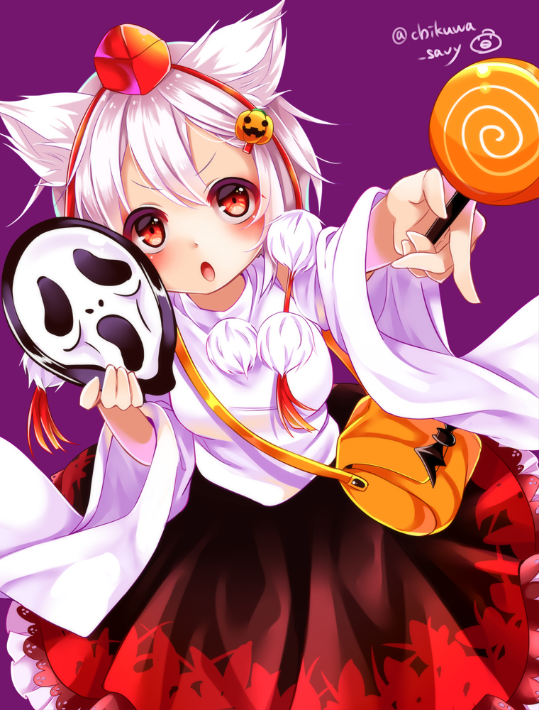 1girl :o animal_ears bag black_skirt blush breasts candy chikuwa_savy commentary_request cowboy_shot detached_sleeves double-parted_bangs food food-themed_hair_ornament ghostface hair_ornament halloween hat holding holding_candy holding_food holding_lollipop inubashiri_momiji large_breasts lollipop long_sleeves looking_at_viewer open_mouth orange_bag pom_pom_(clothes) print_skirt pumpkin_hair_ornament purple_background red_eyes red_hat scream_(movie) shirt short_hair shoulder_bag simple_background skirt solo swirl_lollipop tokin_hat touhou twitter_username white_hair white_shirt wide_sleeves wolf_ears wolf_girl