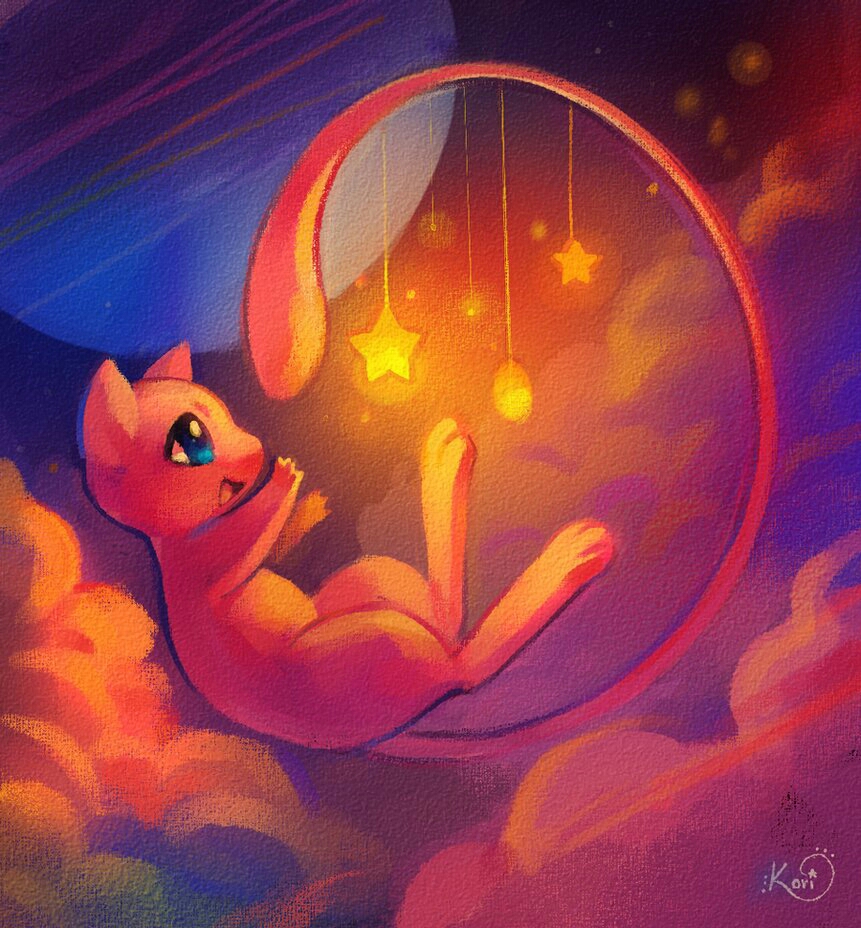 animal_focus blue_eyes cloud floating from_side full_body gen_1_pokemon hanging_light koriarredondo legendary_pokemon mew_(pokemon) mythical_pokemon nintendo no_humans open_mouth outdoors planet pokemon pokemon_(creature) signature solo