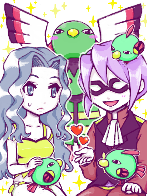 1boy 1girl blush_stickers commentary_request domino_mask gen_2_pokemon heart karen_(pokemon) mask natu nintendo on_head pokemon pokemon_(creature) pokemon_hgss pokemon_on_head purple_hair sitting sparkle sweat white_wings will_(pokemon) wings xatu yuh_(250663)