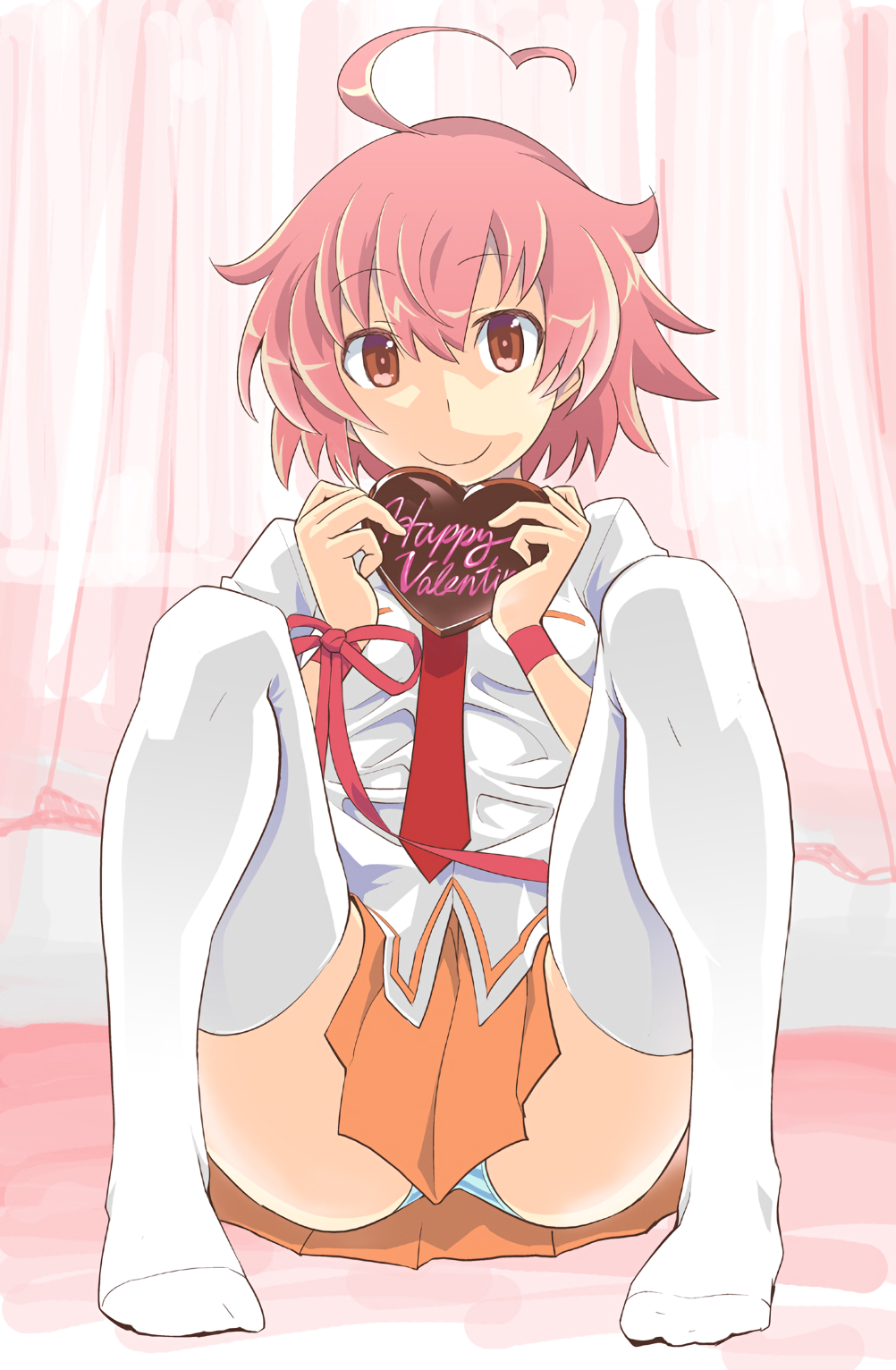1girl ahoge aino_heart aq_interactive arcana_heart arcana_heart_2 arcana_heart_3 atlus bow candy chocolate chocolate_heart examu food happy_valentine heart heart_ahoge highres misono_gakuen_school_uniform necktie orange_skirt panties pantyshot pink_hair ribbon school_uniform sitting skirt solo striped_clothes striped_panties takashi_moritaka thighhighs underwear upskirt valentine wrist_ribbon