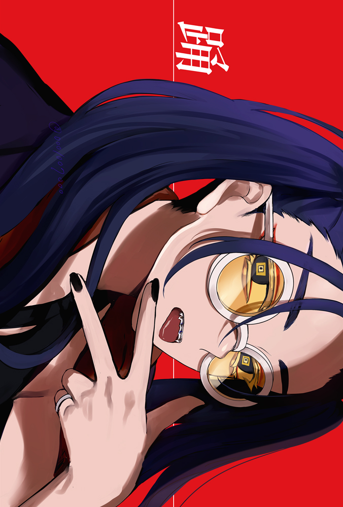 1girl black_nails blue_hair commentary_request hair_between_eyes long_hair looking_at_viewer nail_polish odo-chan_(ado) odo_(song) open_mouth red_background shadow sharp_teeth shouzai_(ooo1007ooo) sidelocks sideways solo song_name sunglasses teeth tinted_eyewear tongue tongue_out twintails twitter_username upper_body w white-framed_eyewear yellow-tinted_eyewear