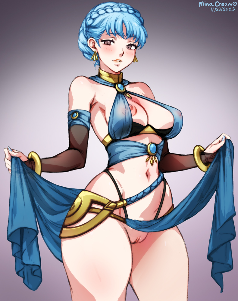 1girl alternate_costume bare_shoulders blue_hair blush bracelet braid breasts bridal_gauntlets cleavage cosplay crown_braid dancer dorothea_arnault dorothea_arnault_(cosplay) dorothea_arnault_(plegian) dorothea_arnault_(plegian)_(cosplay) fire_emblem fire_emblem:_three_houses fire_emblem_heroes gloves hair_ornament jewelry large_breasts looking_at_viewer marianne_von_edmund marianne_von_edmund_(timeskip) mina_cream navel nintendo nipples parted_bangs pelvic_curtain pussy short_hair simple_background smile solo thick_thighs thighs uncensored variant_set very_short_hair wide_hips