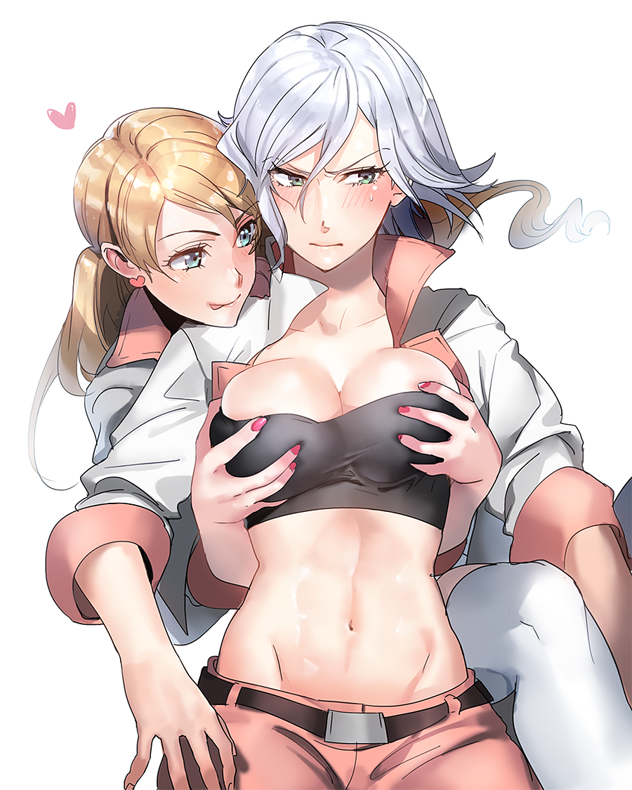 &gt;:| 2girls :p :| abs azee_gurumin bad_id bad_pixiv_id belt blonde_hair blue_eyes blush breasts cleavage closed_mouth cosplay cowboy_shot crop_top earrings embarrassed female_focus grabbing_another&#039;s_breast grabbing_from_behind groin groping gundam gundam_tekketsu_no_orphans hair_between_eyes heart heart_earrings high_collar jacket jewelry lafter_frankland lafter_frankland_(cosplay) large_breasts licking_lips long_hair looking_at_another looking_away looking_to_the_side midriff multiple_girls nail_polish naughty_face navel open_clothes open_jacket pink_nails short_hair shy silver_hair simple_background sleeves_rolled_up smile strapless swept_bangs takaraizu thighhighs toned toned_female tongue tongue_out tube_top v-shaped_eyebrows white_background yuri