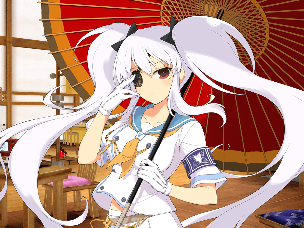 1girl adjusting_eyepatch architecture armband ascot blue_armband blue_necktie blue_sailor_collar blush breast_pocket breasts buttons closed_mouth crt double-breasted east_asian_architecture eyepatch gears gloves hair_ornament hanzou_academy_school_uniform holding holding_umbrella indoors kunai large_breasts long_hair looking_at_viewer midriff_peek necktie ninto_(senran_kagura) official_art oil-paper_umbrella orange_ascot pleated_skirt pocket radio_antenna red_eyes red_umbrella sailor_collar school_uniform senran_kagura senran_kagura_new_link senran_kagura_shoujo-tachi_no_shin&#039;ei serafuku shirt short_sleeves shouji shuriken_hair_ornament sidelocks skirt sliding_doors solo table twintails umbrella umbrella_over_shoulder very_long_hair weapon white_gloves white_hair white_serafuku white_shirt wooden_chair wooden_table yaegashi_nan yagyu_(senran_kagura)