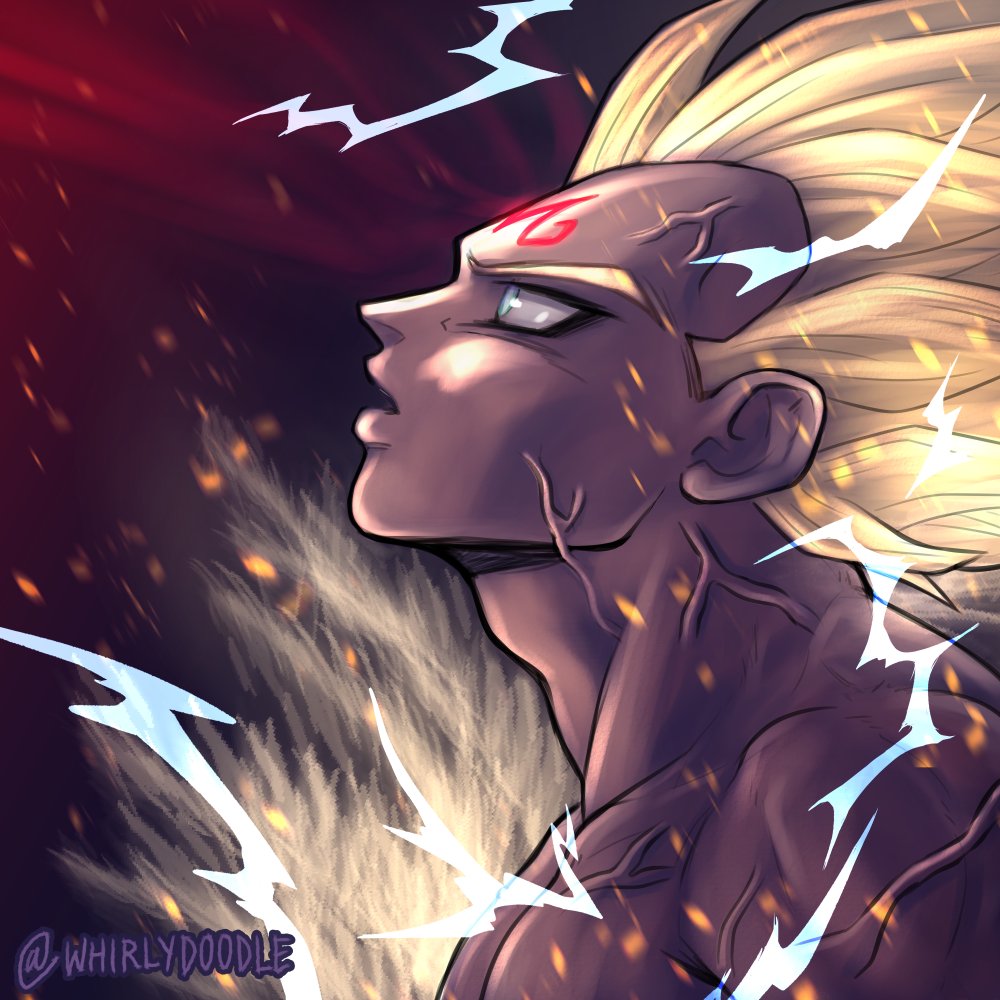 1boy aura bare_shoulders black_eyeliner blonde_hair blue_eyes commentary dragon_ball dragonball_z electricity eyeliner facial_mark forehead_mark from_side looking_up majin_vegeta makeup male_focus muscular muscular_male open_mouth pectorals profile solo super_saiyan twitter_username vegeta veins whirlydoodle