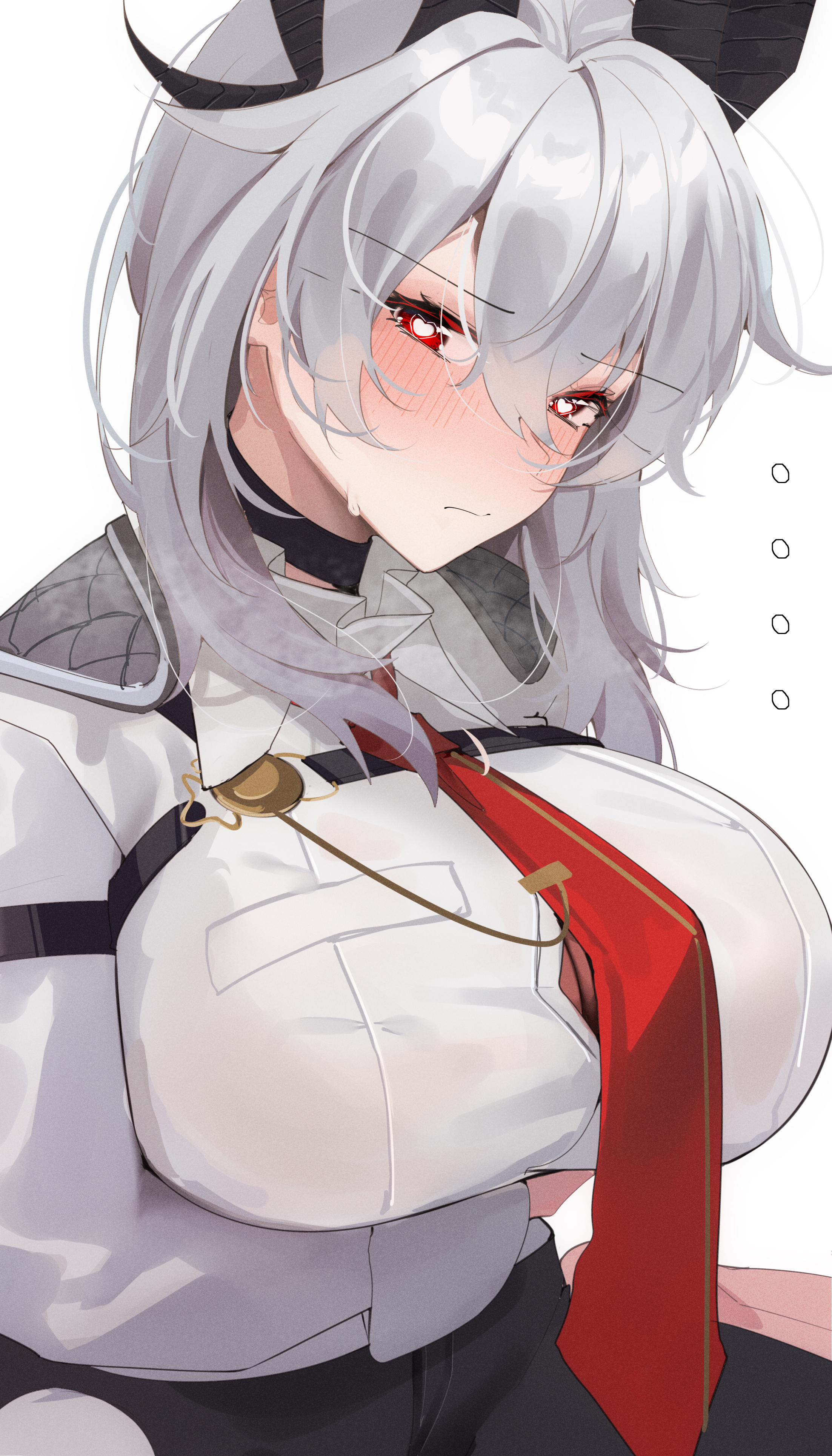 1girl absurdres alternate_breast_size arm_under_breasts black_choker black_horns black_pants blush breasts button_gap chest_harness choker closed_mouth commentary english_commentary grey_hair hair_between_eyes harness has_bad_revision has_downscaled_revision heart heart-shaped_pupils highres horns huge_breasts kebohan looking_at_viewer md5_mismatch medium_hair necktie pants red_eyes red_necktie resolution_mismatch simple_background solo source_smaller symbol-shaped_pupils white_background wuthering_waves zani_(wuthering_waves)