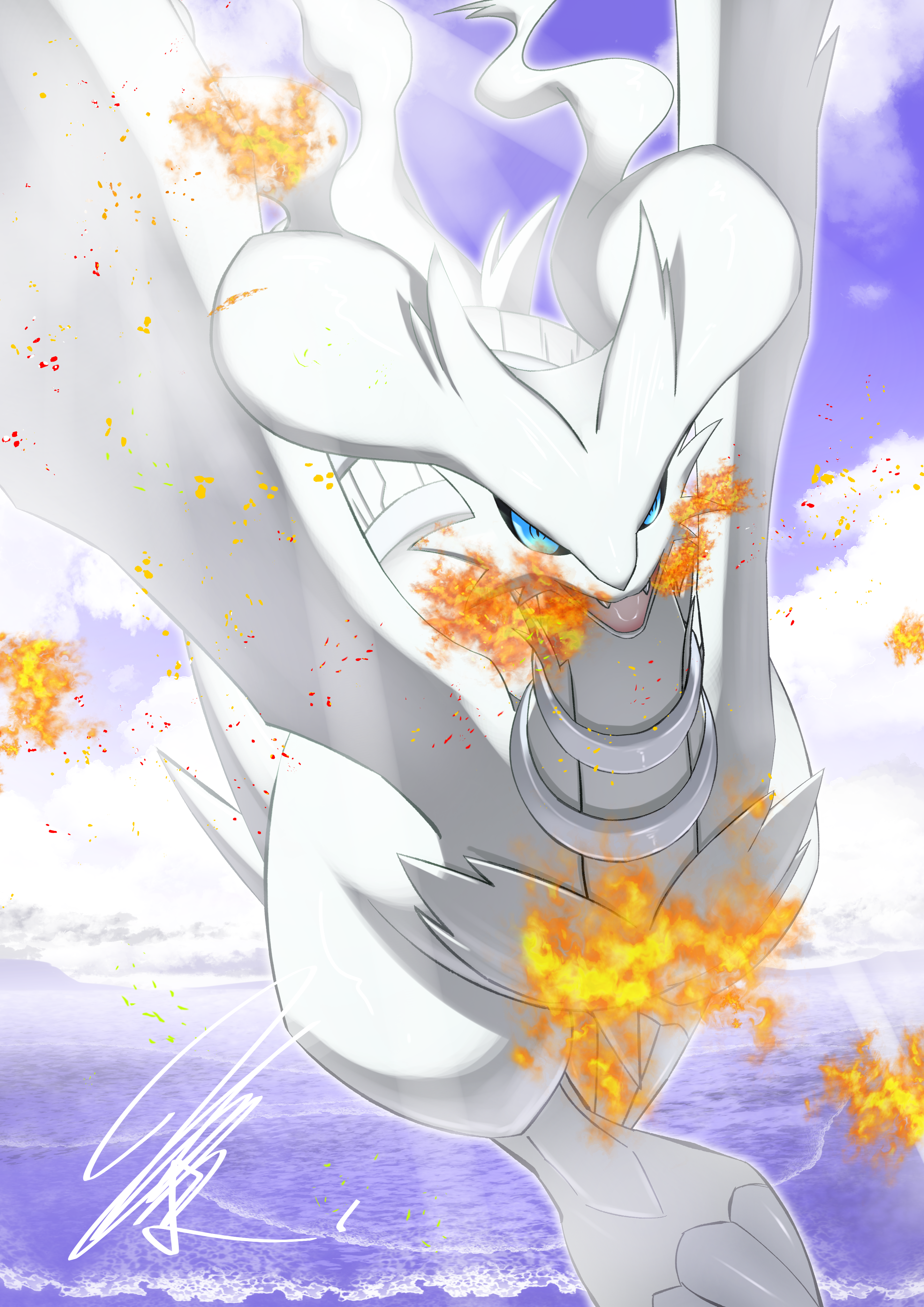 absurdres blue_eyes claws cloud dragon fangs fire game_freak gen_5_pokemon glowing highres legendary_pokemon mitsukuma448 nintendo no_humans ocean open_mouth outdoors pokemon pokemon_(creature) purple_sky reshiram signature sky solo sparks tail tongue water white_fur wings