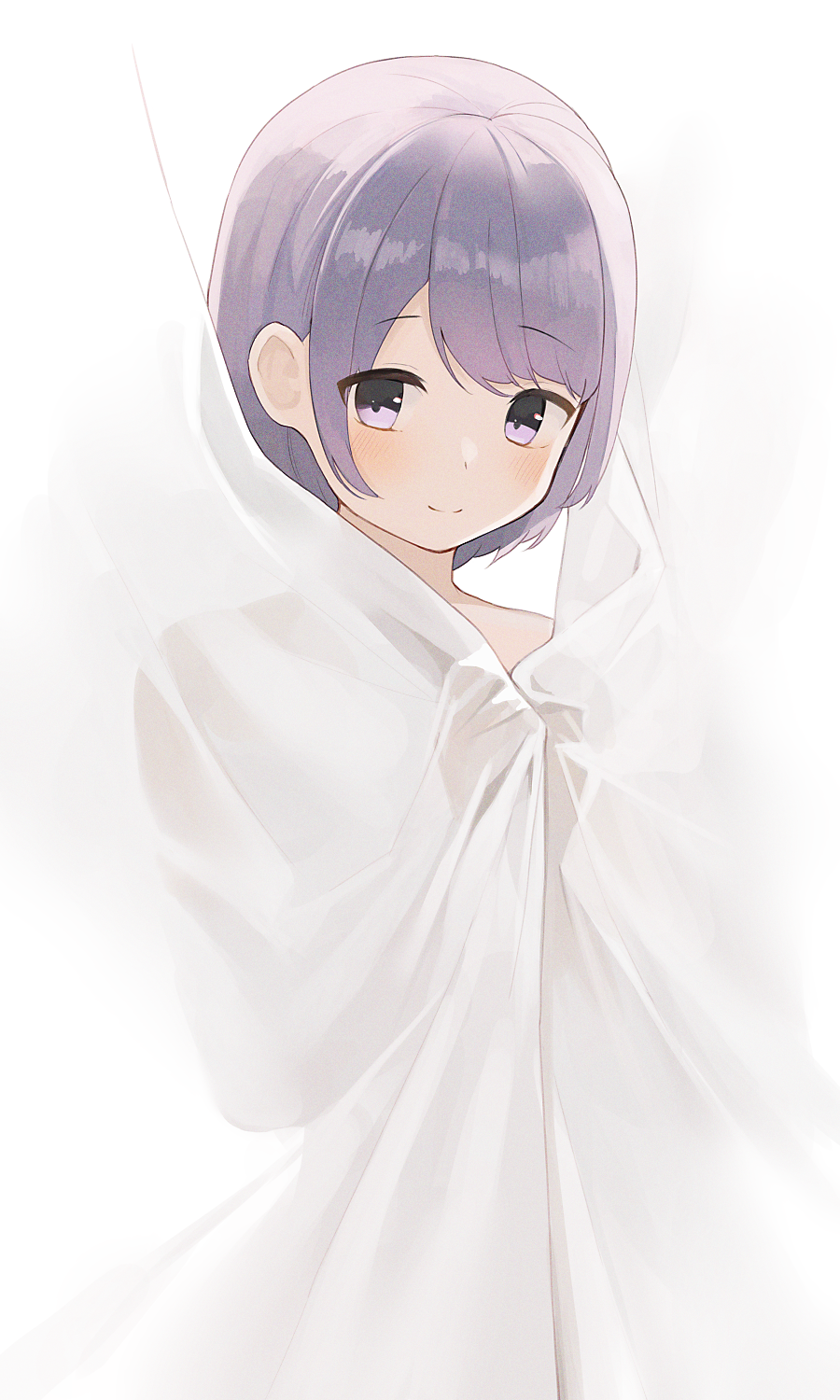 1girl behind_cover blush closed_mouth covering_privates highres hiroki_(yyqw7151) looking_at_viewer nude original purple_eyes purple_hair short_hair simple_background smile solo white_background