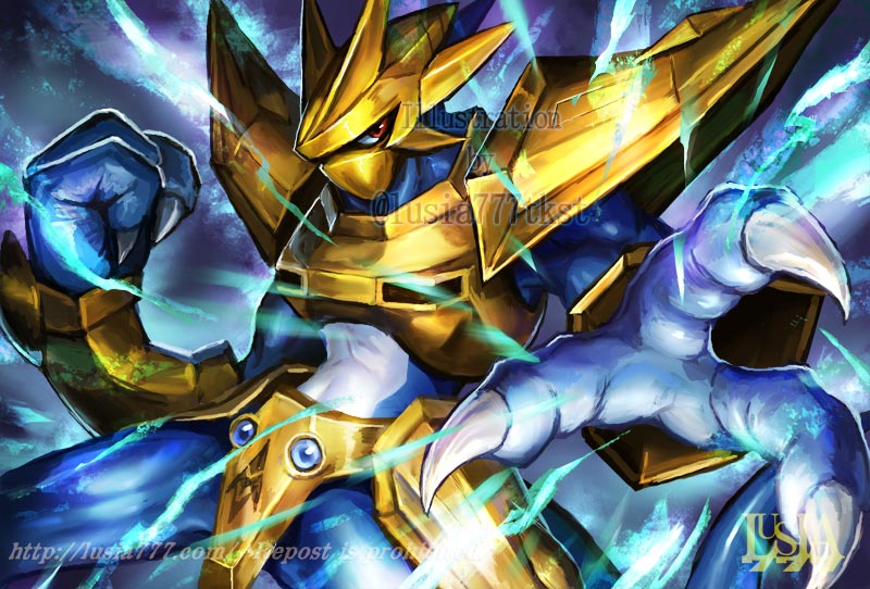 armor blue_scales blue_skin clenched_hand colored_skin cowboy_shot digimon digimon_(creature) dragon electricity fewer_digits gold_armor gold_helmet magnamon nanami_lusia red_eyes