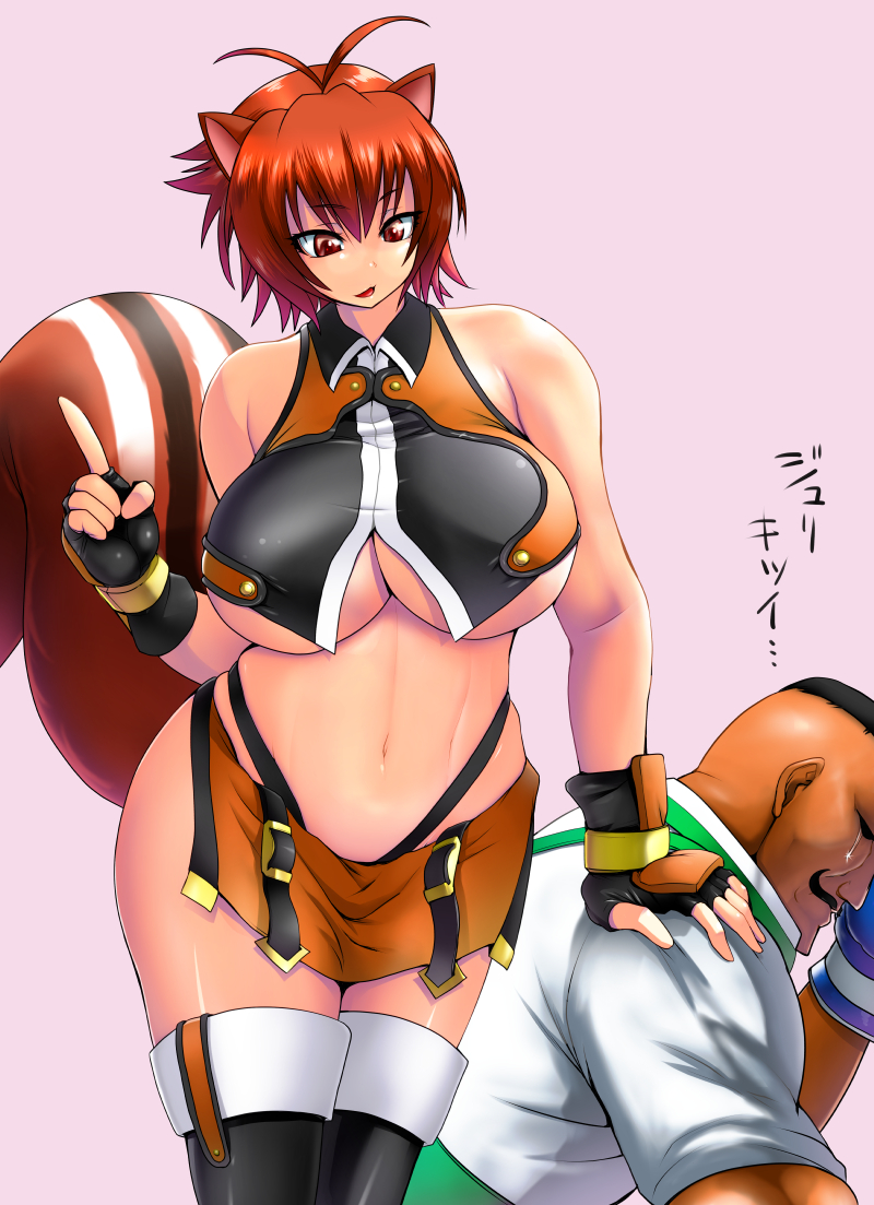 1boy 1girl animal_ears antenna_hair bare_shoulders black_panties blazblue boxing_gloves breasts brown_eyes brown_hair cleavage crop_top crossover curvy dudley fingerless_gloves gloves highleg highleg_panties huge_breasts makoto_nanaya midriff miniskirt mma_gloves multicolored_hair navel panties pelvic_curtain plump pointing revealing_clothes short_hair side_slit skindentation skirt squirrel_ears squirrel_tail street_fighter tail tears thighhighs thighs thong two-tone_hair underboob underwear wide_hips yoshimura_tatsumaki