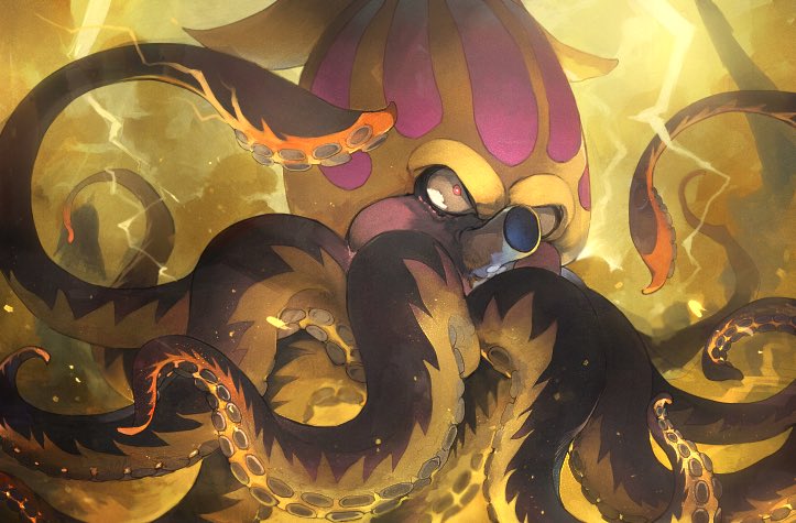1other character_request colored_skin commentary_request creature creature_focus dragon_quest kraken lightning linne_(hld_doreko) monster monster_focus no_humans open_mouth red_eyes solo tentacles underwater yellow_skin