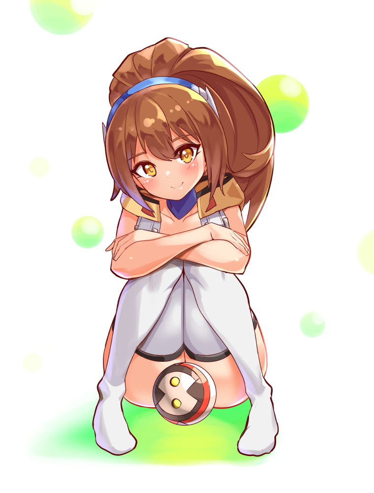 1girl azure_striker_gunvolt blush brown_eyes brown_hair cougar cougar_(cougar1404) female_focus gunvolt_chronicles_luminous_avenger_ix kohaku_(gunvolt) long_hair looking_at_viewer luminous_avenger_ix orb ponytail roro_(gunvolt) tagme